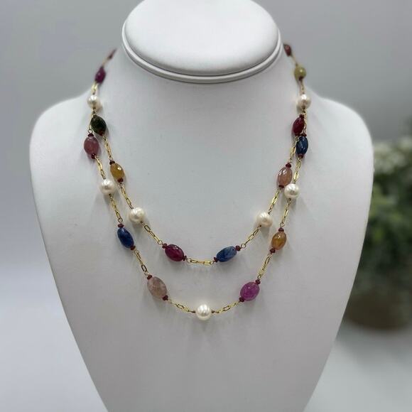 V Quartz Topaz Sapphire Citrine Freshwater Pearl Gold Vermeil Layer Necklace - Picture 1 of 15